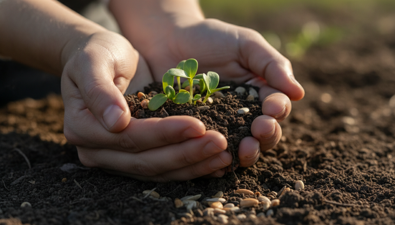 Mãos cultivando brotos verdes representando ajuda humanitária e segurança alimentar