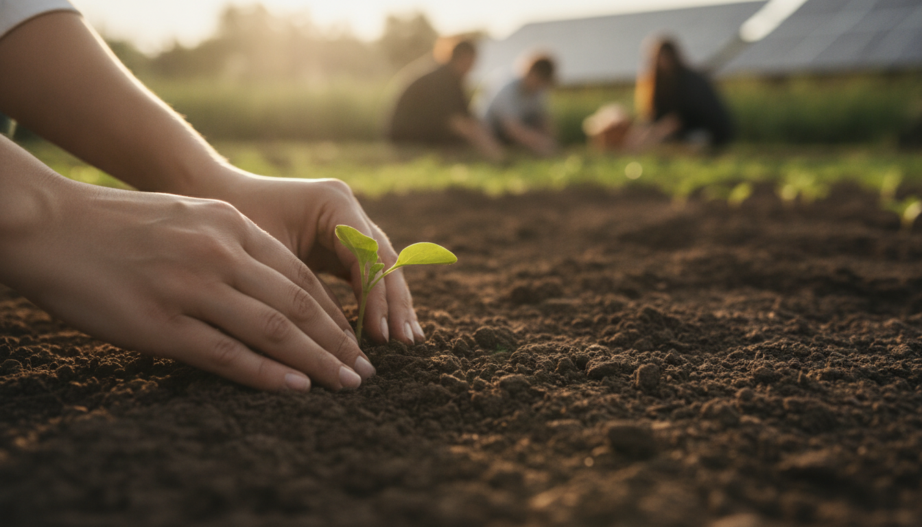 Mãos cuidando de mudas verdes em projeto de cultivo comunitário sustentável