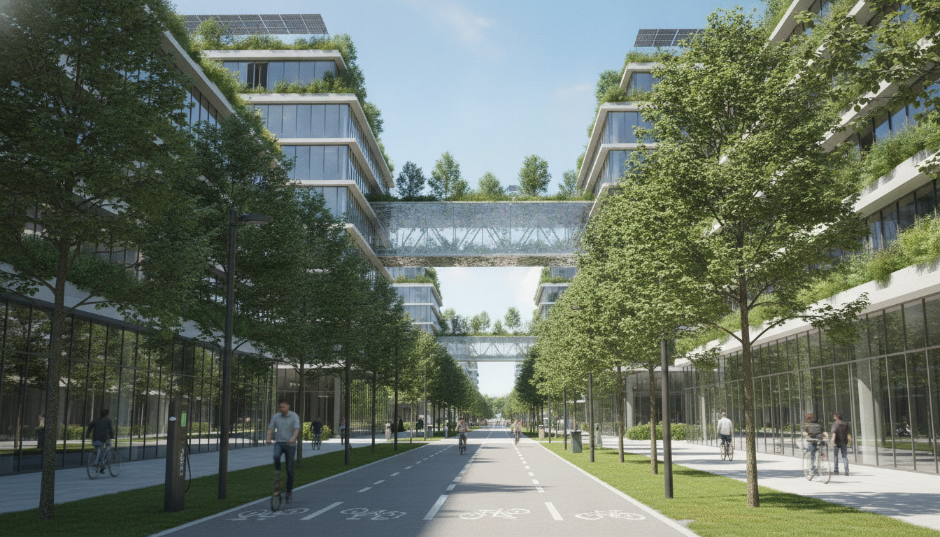 Paisagem urbana verde com mobilidade sustentável e arquitetura ecológica integrada